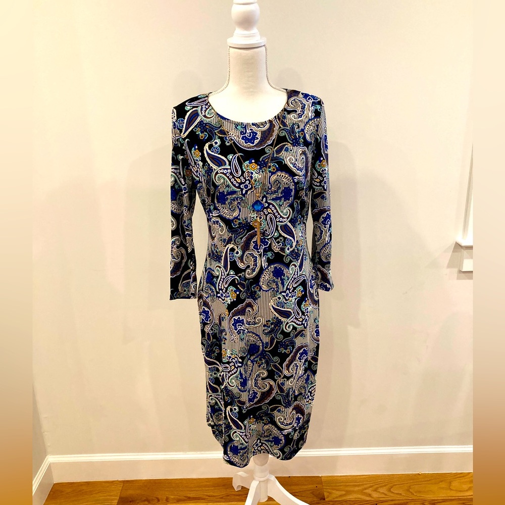 Blue Paisley dress with necklace detail